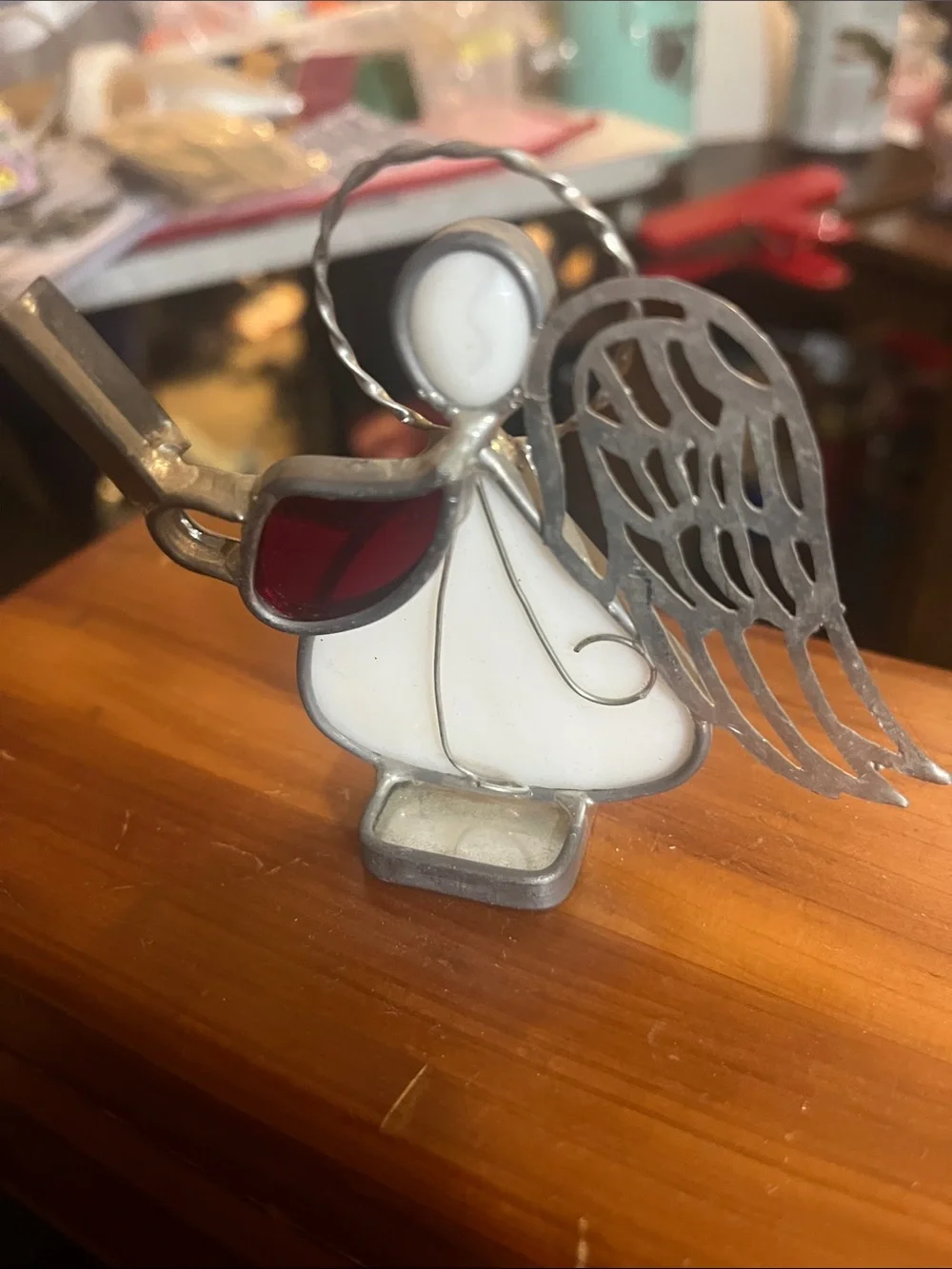 Handcrafted White and Red Stained Glass Angel Figurine - Home Holiday Décor